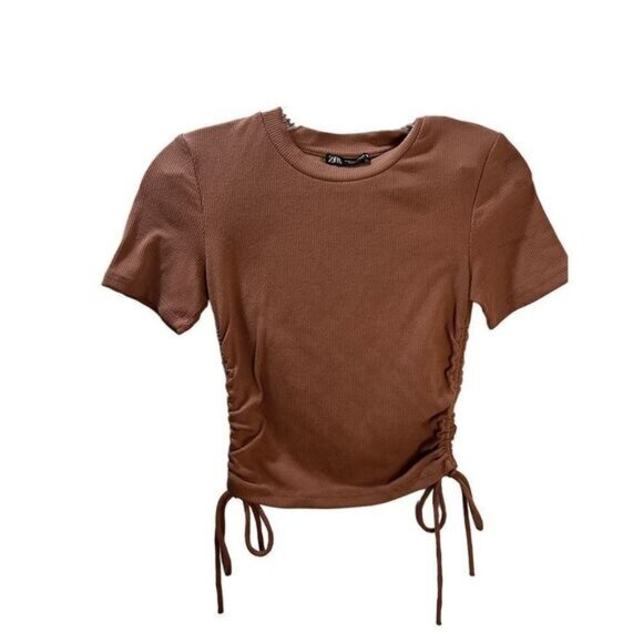 NWOT Zara Drawstring Ruched Side‎ Crop Top Brown Small - Picture 2 of 6